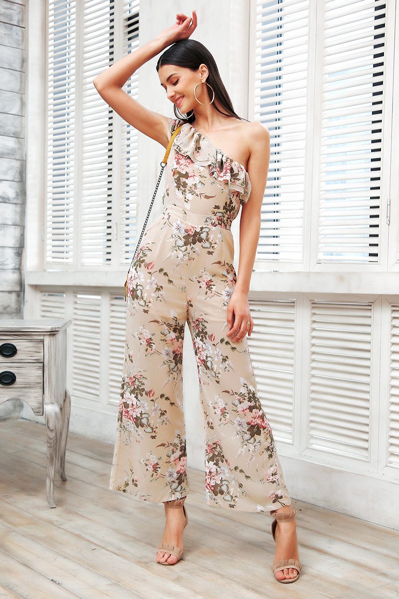 One Shoulder Tiered Ruffle Boho Jumpsuit