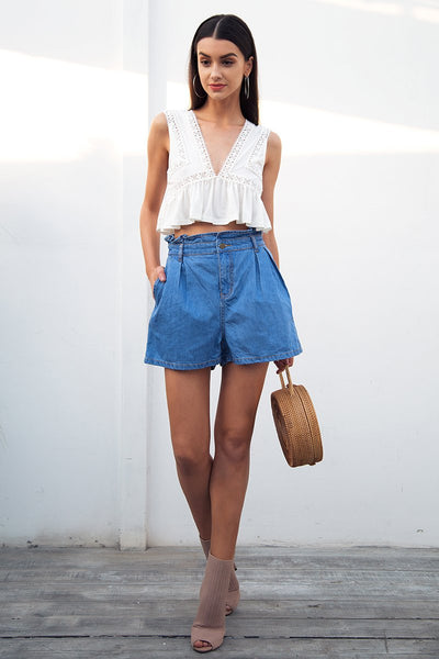 Casual Ruffle Blue Denim Shorts