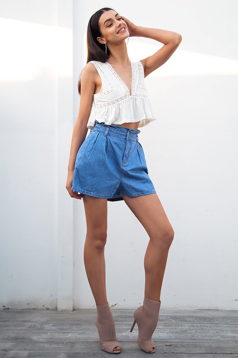 Casual Ruffle Blue Denim Shorts