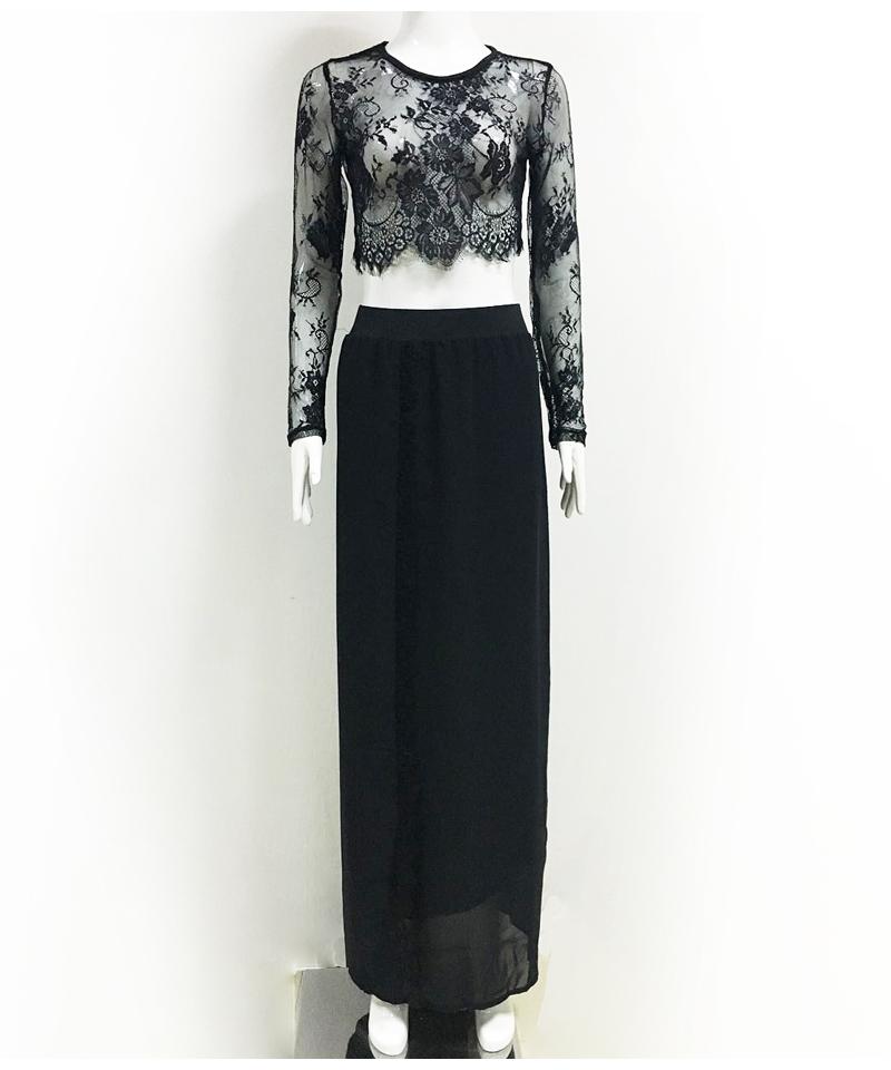 Black Floral Lace Crop Top Skirt Set