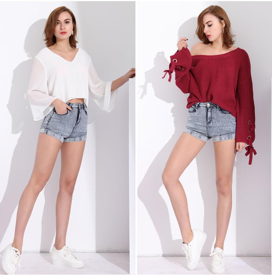 High Waist Stretch Denim Rolled Cuff Shorts