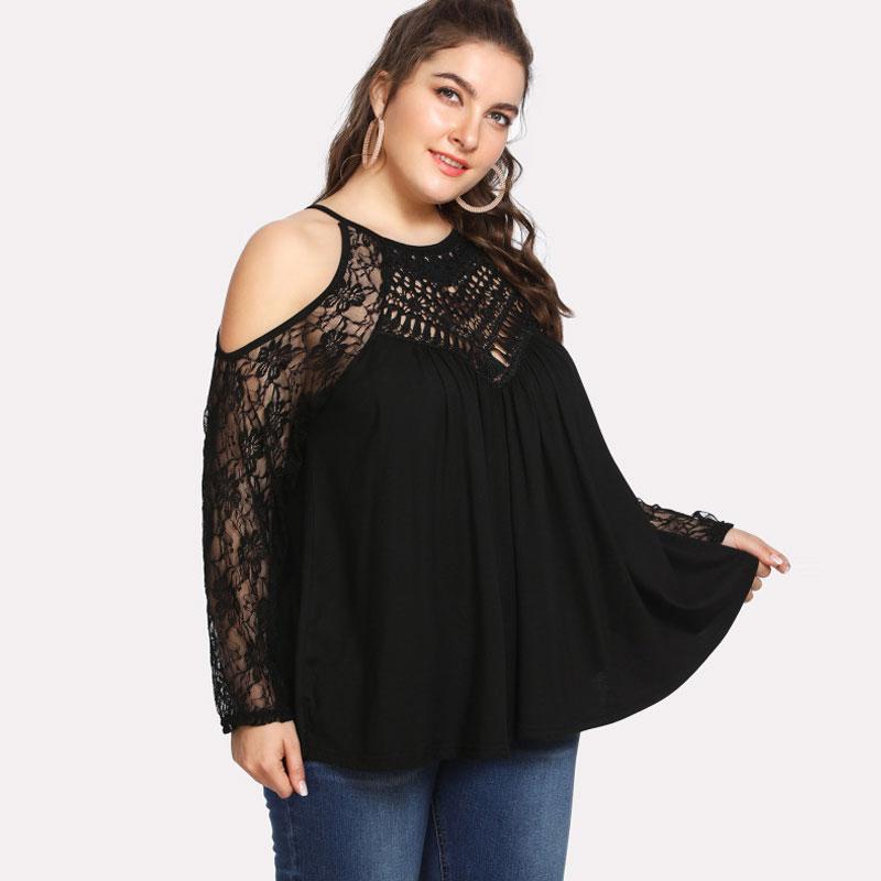 Plus Size Floral Lace Panel Cold Shoulder Top