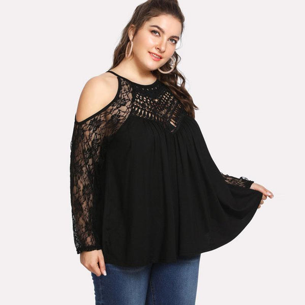 Plus Size Floral Lace Panel Cold Shoulder Top