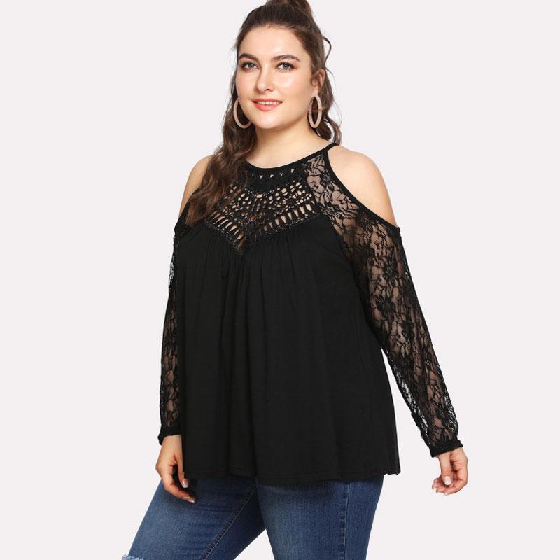 Plus Size Floral Lace Panel Cold Shoulder Top