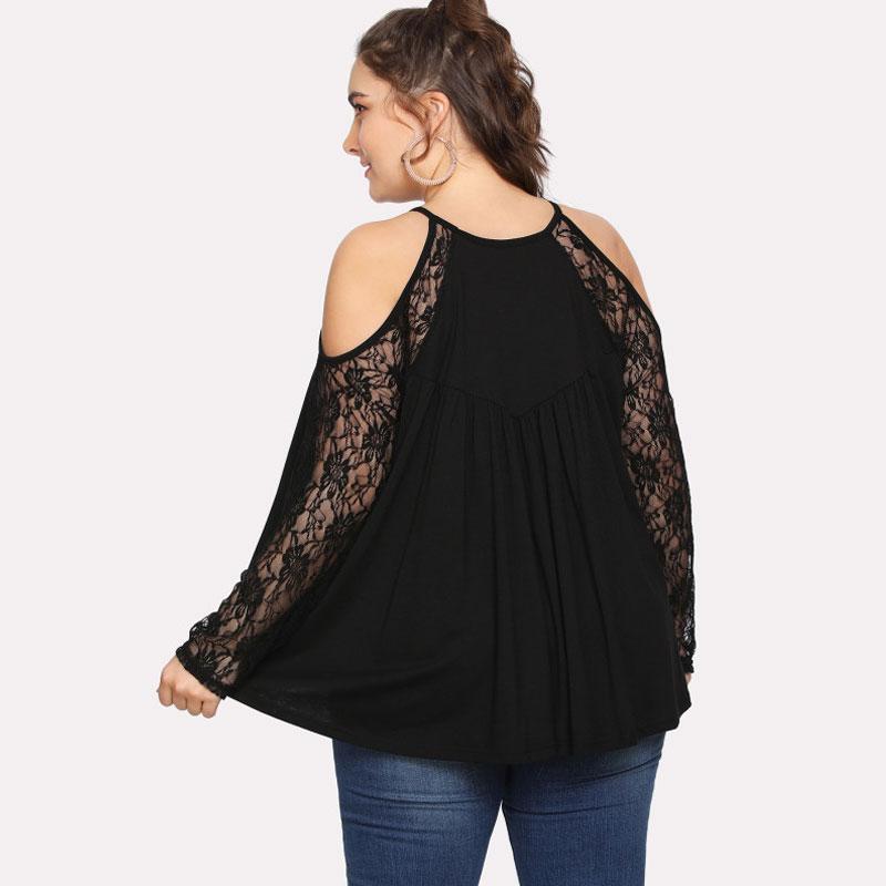 Plus Size Floral Lace Panel Cold Shoulder Top