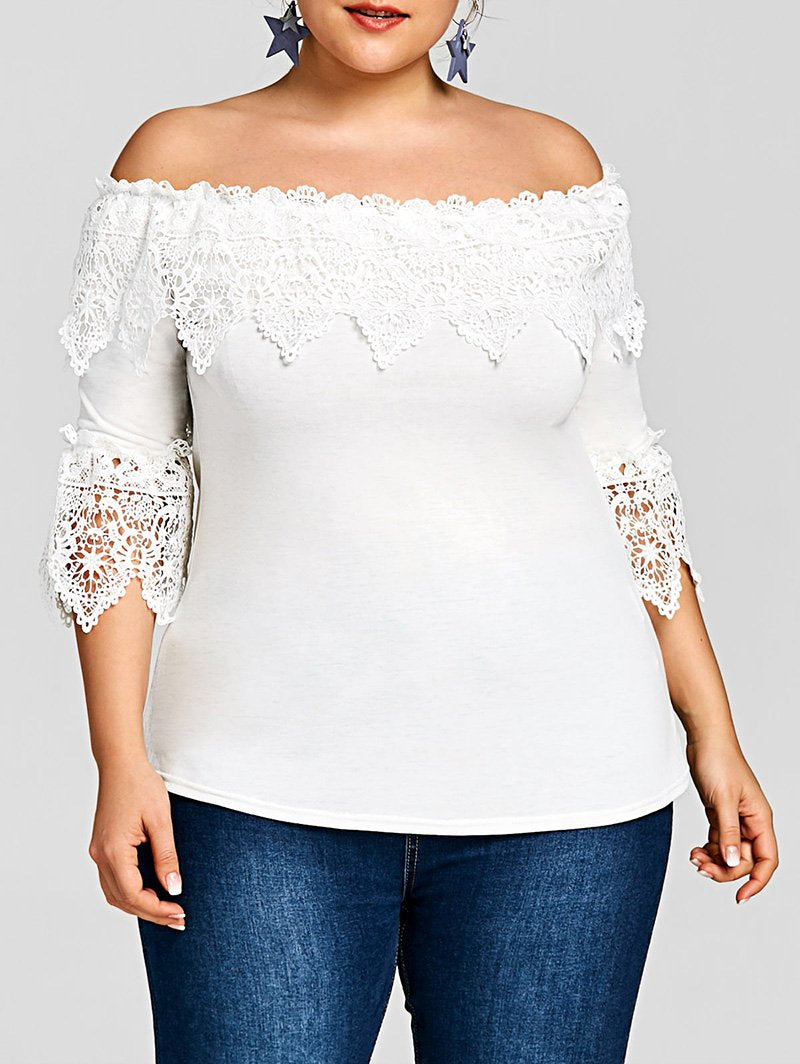 Plus Size Lace Crochet White Top