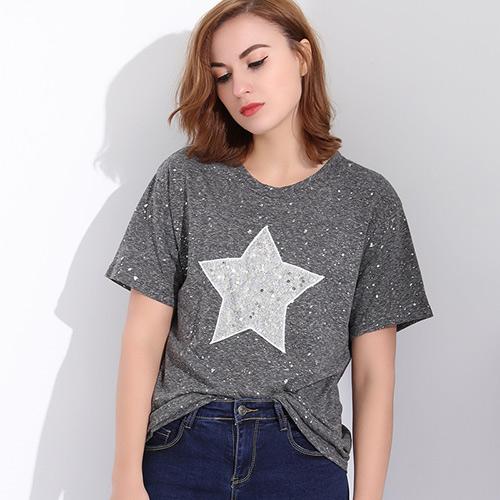 Sequins Star Casual Gray T Shirt