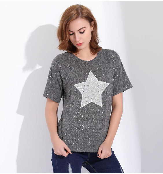 Sequins Star Casual Gray T Shirt