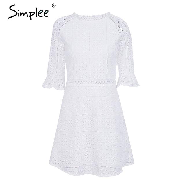 Elegant Hollow Out Lace White Dress