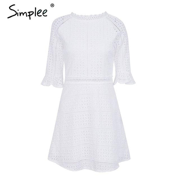 Elegant Hollow Out Lace White Dress