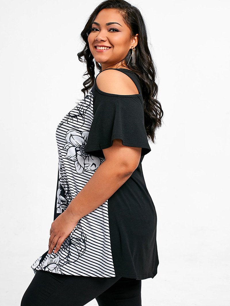 Plus Size Floral Striped Printed Cold Shoulder Top