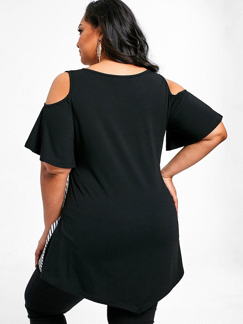 Plus Size Floral Striped Printed Cold Shoulder Top