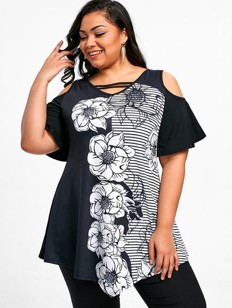 Plus Size Floral Striped Printed Cold Shoulder Top