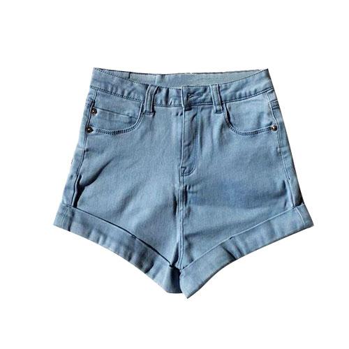 High Waist Stretch Denim Rolled Cuff Shorts