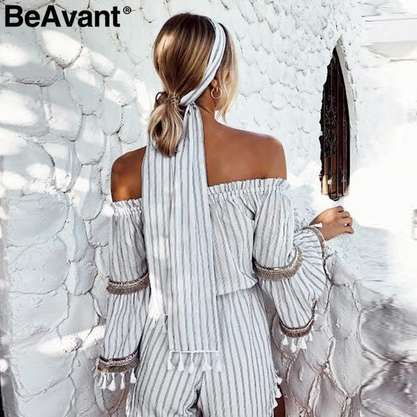 Strapless Boho Striped Tassel Romper