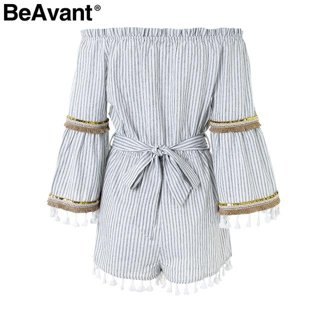 Strapless Boho Striped Tassel Romper