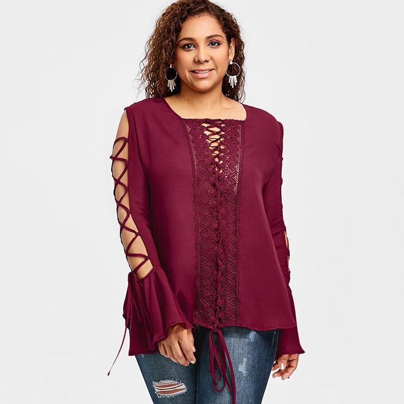 Plus Size Lace Up Flare Bell Sleeve Top