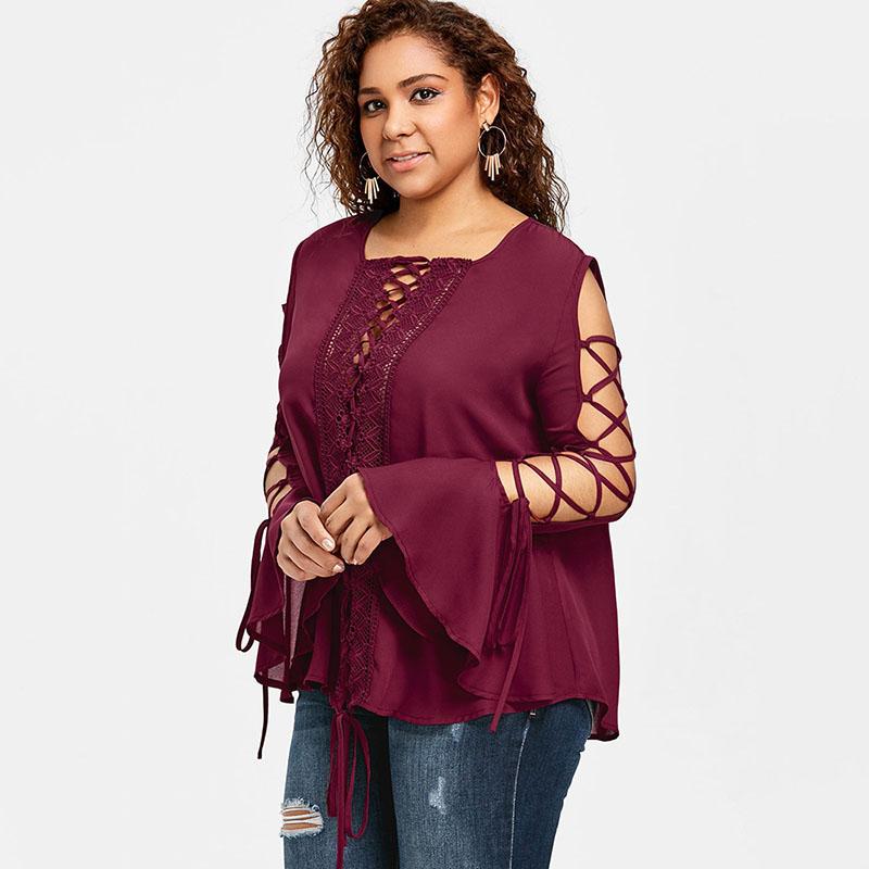 Plus Size Lace Up Flare Bell Sleeve Top