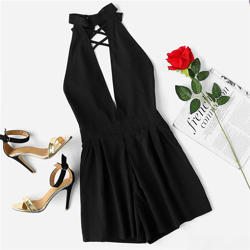 Plunging V-neckline Lattice Halter Romper