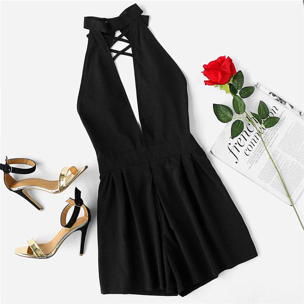 Plunging V-neckline Lattice Halter Romper