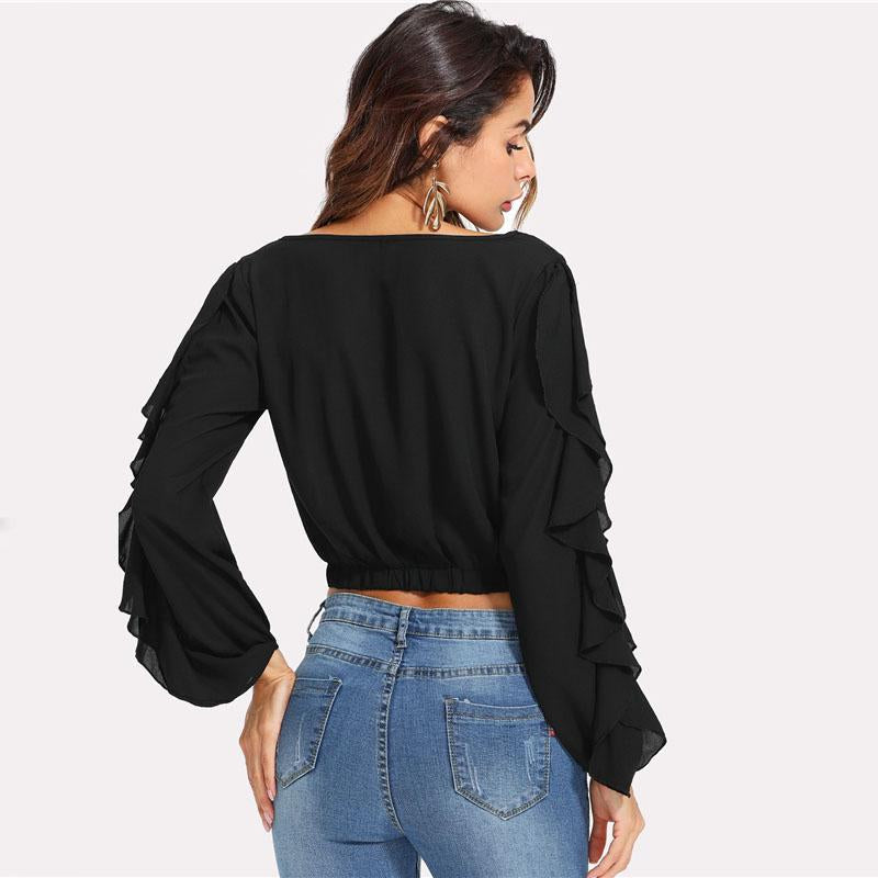Chiffon Split Long Sleeve Crop Top