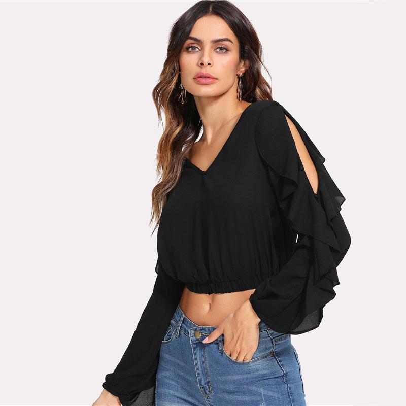 Chiffon Split Long Sleeve Crop Top