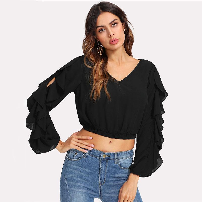 Chiffon Split Long Sleeve Crop Top