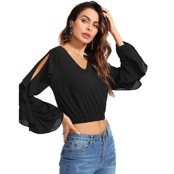 Chiffon Split Long Sleeve Crop Top