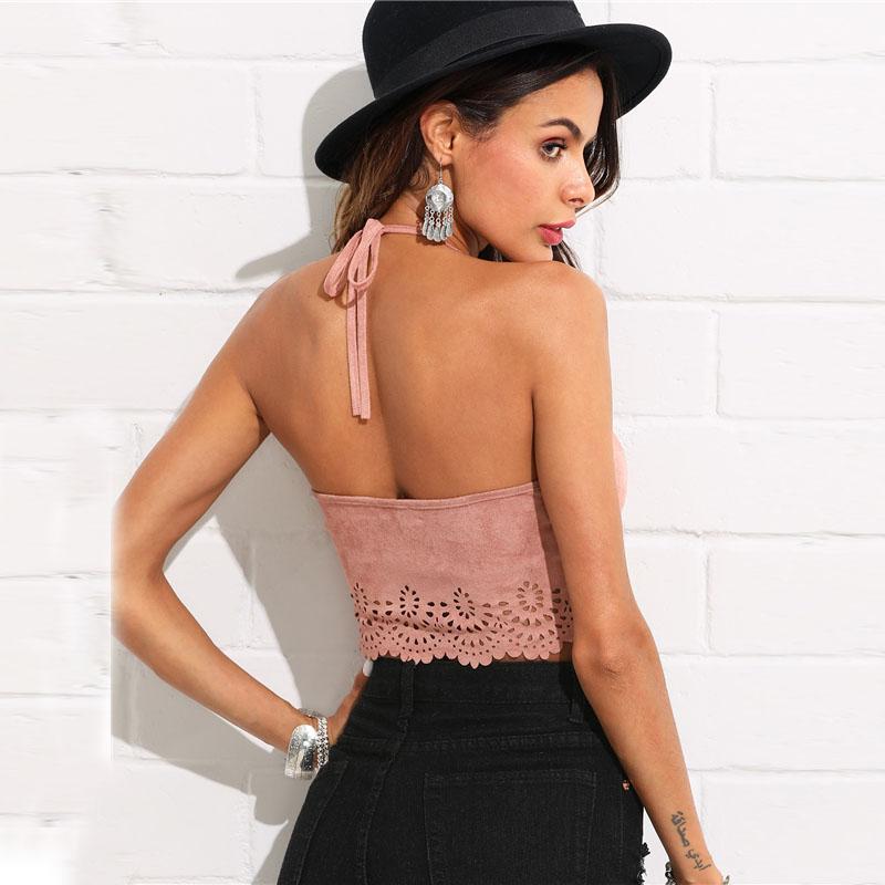Scallop Laser Suede Halter Crop Top