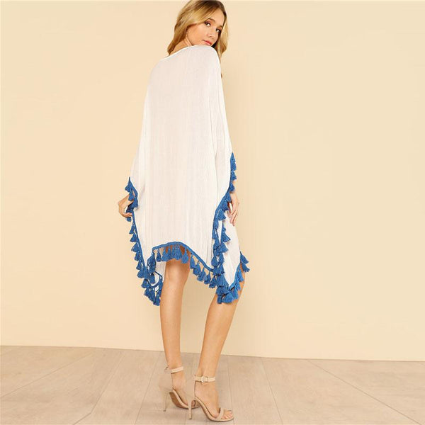 Tasseled Embroidered Poncho Top