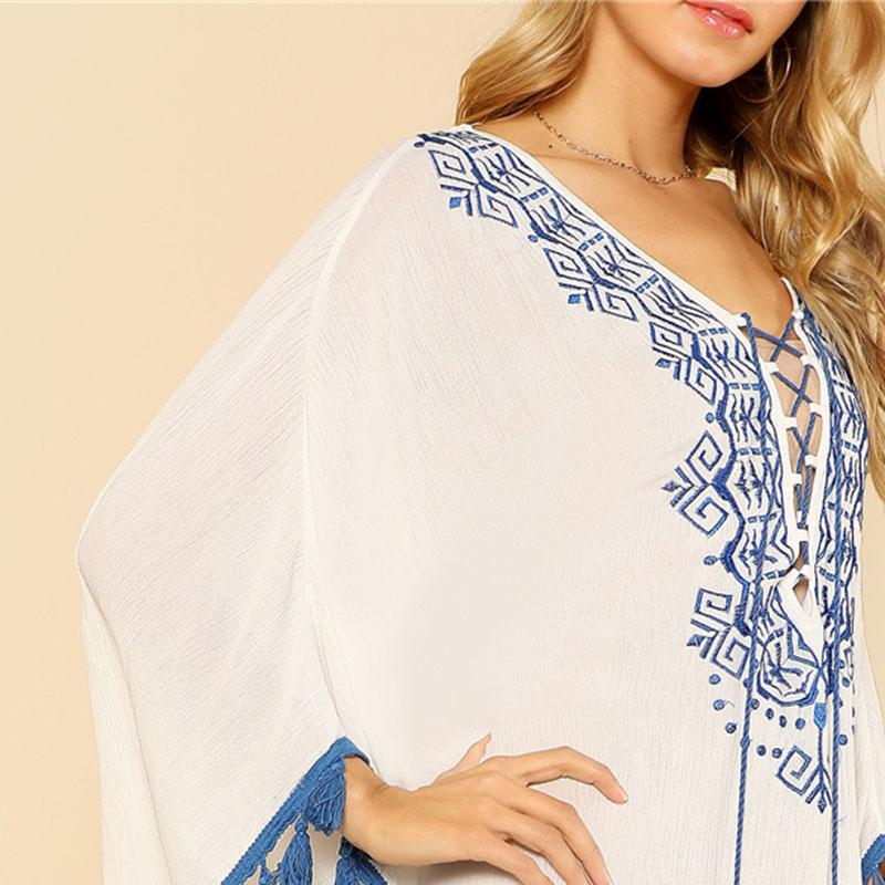 Tasseled Embroidered Poncho Top