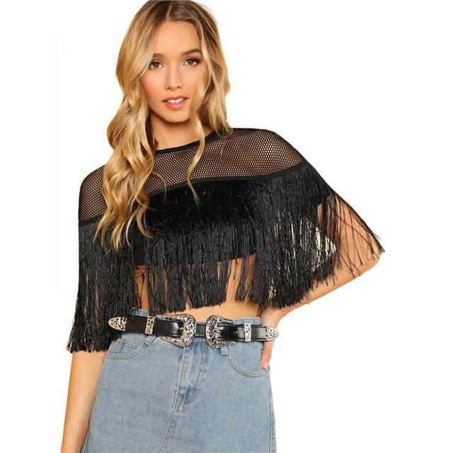 Mesh Yoke Fringe Slim Crop Top