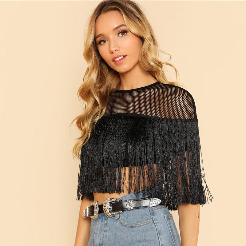 Mesh Yoke Fringe Slim Crop Top