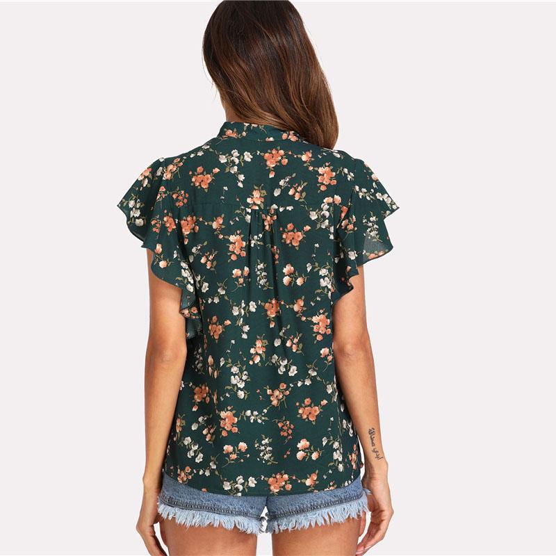 Green Floral Ruffled Cap Sleeve Top