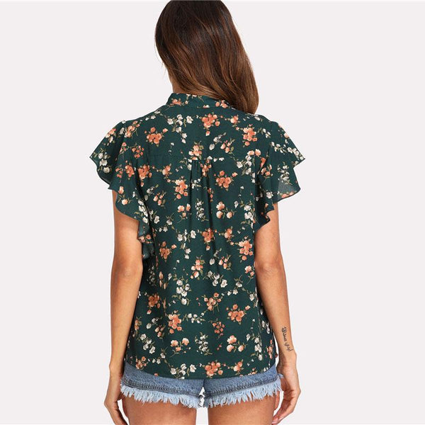 Green Floral Ruffled Cap Sleeve Top
