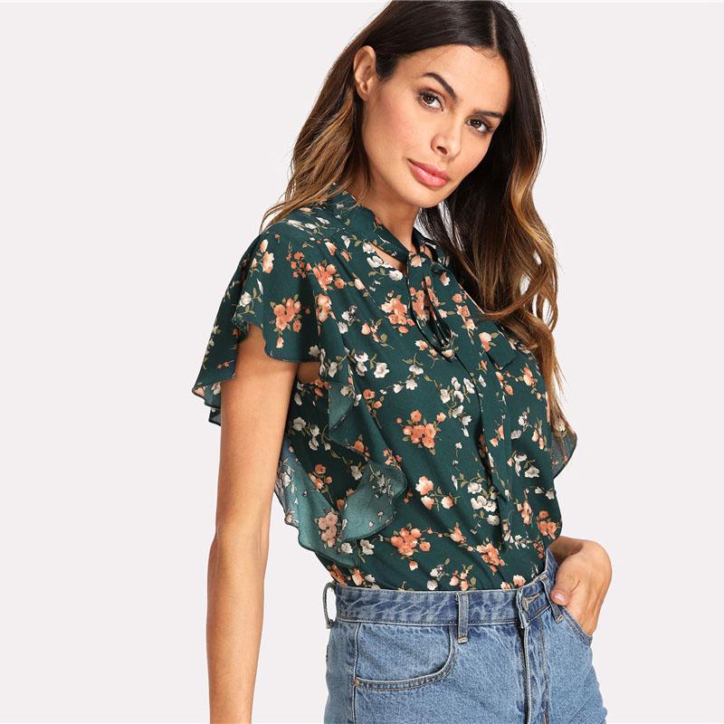 Green Floral Ruffled Cap Sleeve Top