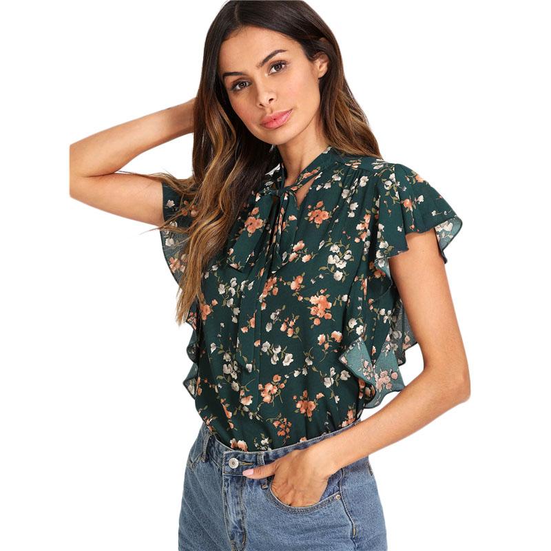 Green Floral Ruffled Cap Sleeve Top