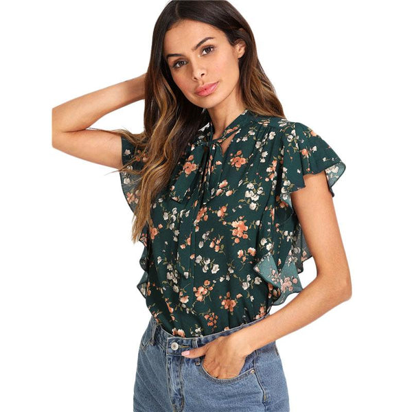 Green Floral Ruffled Cap Sleeve Top
