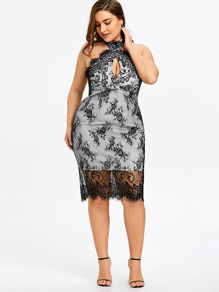 Plus Size Halter Lace Sheer Mesh Dress