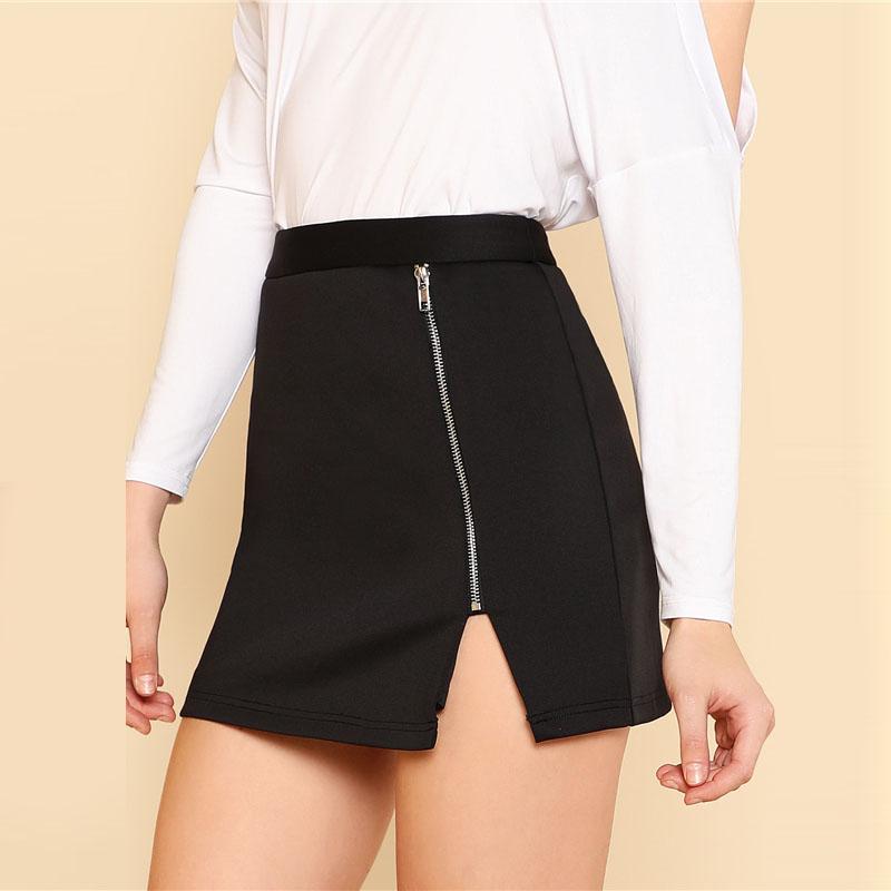 Black Exposed Zip Front Skirt