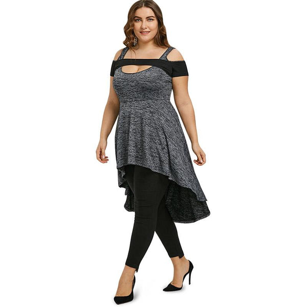 Plus Size Cold Shoulder Cut Out High Low Vintage Top