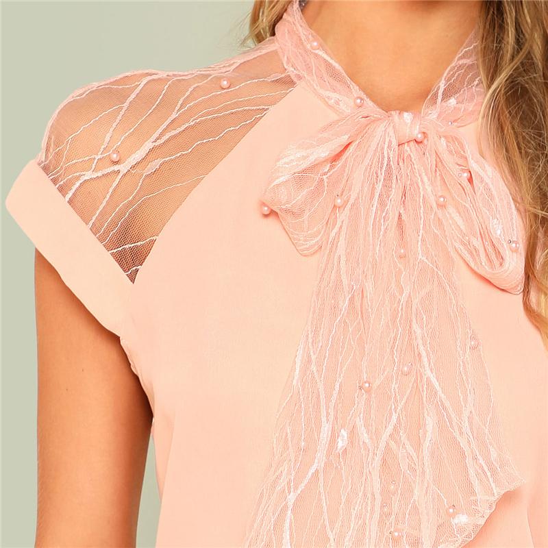 Pearl Beading Nude Pink Mesh Top