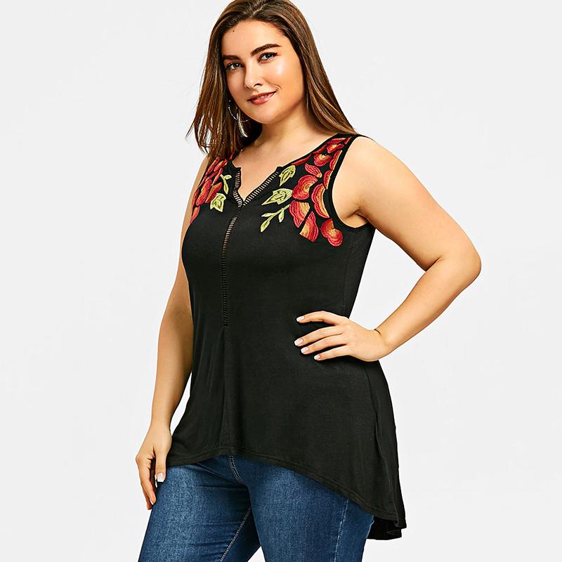 Plus Size Embroidered Black Tank Top