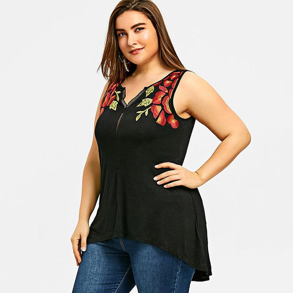 Plus Size Embroidered Black Tank Top