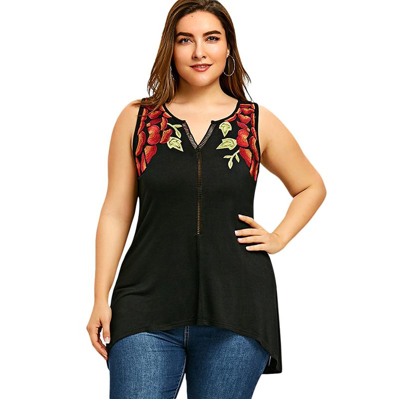 Plus Size Embroidered Black Tank Top