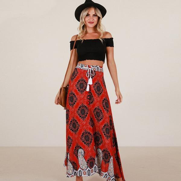 Red Vintage Printed Split Maxi Skirt