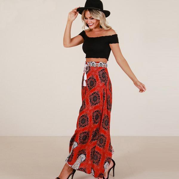 Red Vintage Printed Split Maxi Skirt