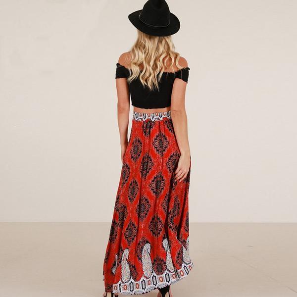 Red Vintage Printed Split Maxi Skirt