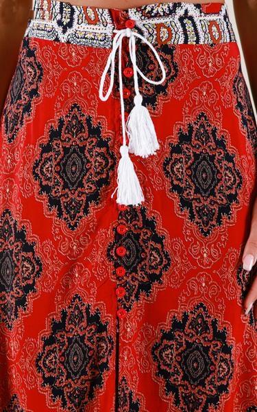 Red Vintage Printed Split Maxi Skirt