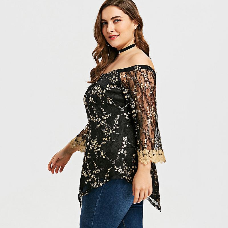 Glittery Lace Mesh Flare Sleeve Off Shoulder Sequin Top